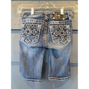 Miss Me Shorts Girls 8 Blue Denim Bermuda Embellished Cross Pockets Stretch